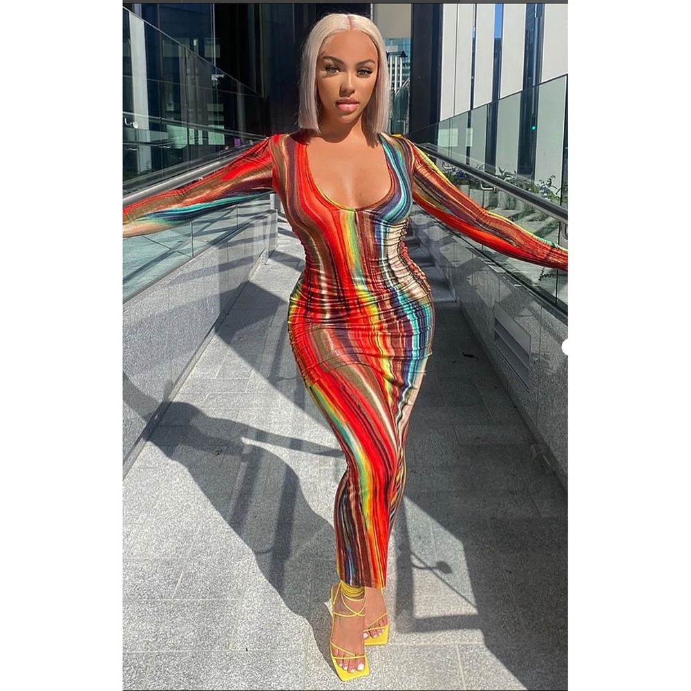 Fashion Nova Women's Spandex Venezia Deep V-Neck Maxi Dress in Multi Color XS
